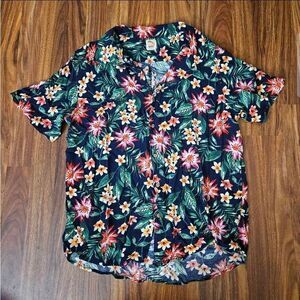C&C California Navy Colorful Floral Hawaiian Button Down Shirt Men's Size XL